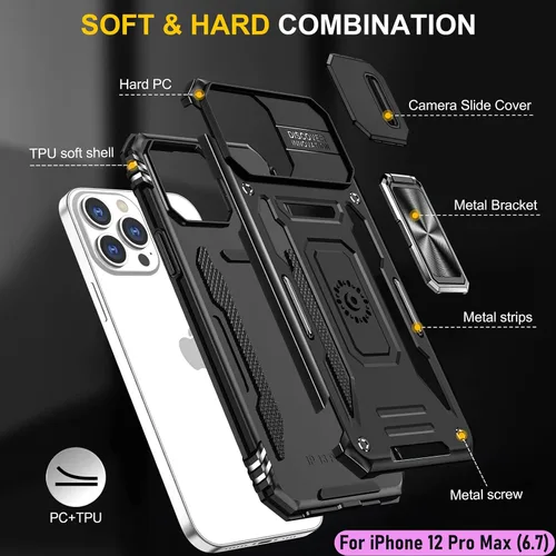 Vista 3 de Funda resistente para Apple iPhone 12 Pro Max, protector híbrido de goma de doble capa de grado militar con protector de cámara deslizante, soporte