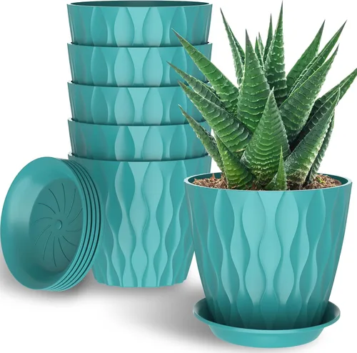 Vista 9 de Paquete de 6 macetas de interior de 6 pulgadas con agujeros de drenaje, macetas decorativas de plástico para exteriores, macetas de jardín con Con