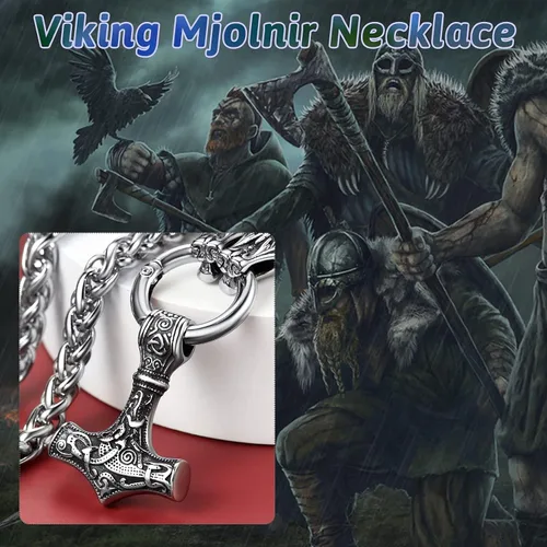 Vista 5 de FaithHeart Collar punk nórdico vikingo para hombre, collar grueso, acero inoxidable, Mjolnirnudo celta, cabeza de lobo, colgante de amuleto, joyería
