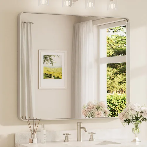 Vista 95 de Espejo de marco dorado cepillado de 16 x 24 pulgadas, espejo de tocador de baño de latón dorado para pared, espejo enmarcado rectangular de esquina