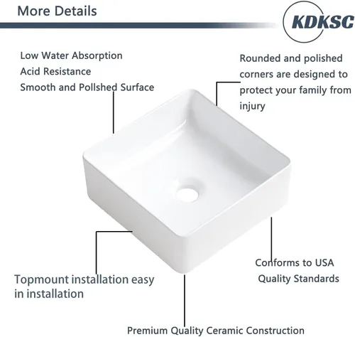 Vista 8 de Lavabo pequeño para baño tipo vasija 11.8"x11.8" pulgadas cuadrado, lavabo de baño de cerámica blanca, lavabos de baño modernos sobre encimera