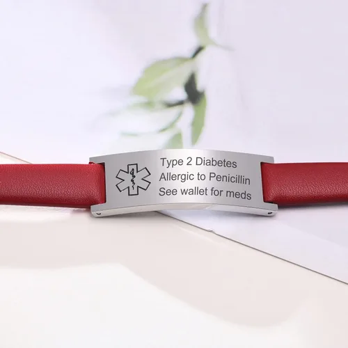 Vista 3 de MPRAINBOW Pulsera de alerta médica personalizada para mujer, correa de reloj de cuero genuino, grabado de doble cara, diabetes, epilepsia, joyería