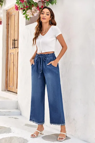 Vista 7 de Valphsio Pantalones de mezclilla holgados de pierna ancha para mujer, cintura con lazo en la cintura, culottes de cambray, pantalones con borlas