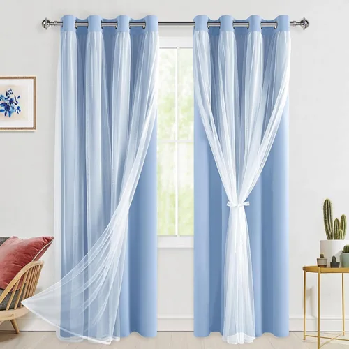 Vista 80 de Hiasan Cortinas opacas con superposición transparente, aislamiento térmico para mezclar y combinar de doble capa, cortinas de oscurecimiento de Beige