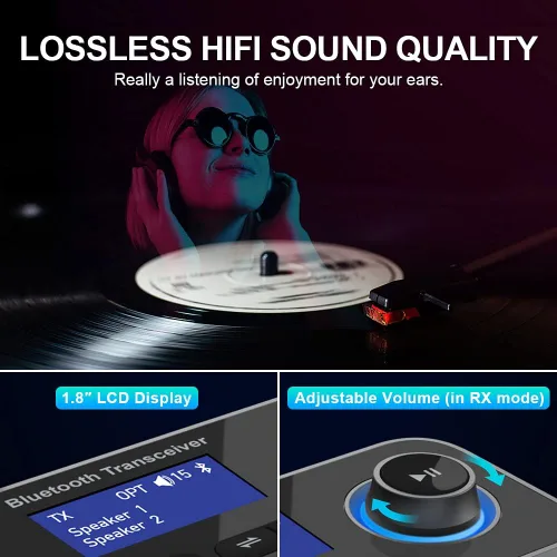 Vista 6 de Transmisor Receptor Bluetooth 3 en 1 Adaptador de Audio Bluetooth 5.0 para 2 Auriculares Con Control de Volumen de Bypass, Baja Latencia, Largo