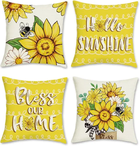 Vista 8 de Bonhause Juego de 4 fundas de cojín decorativas de 18 x 18 pulgadas con diseño de margaritas de gnomos y flores de primavera y verano, camión, Love