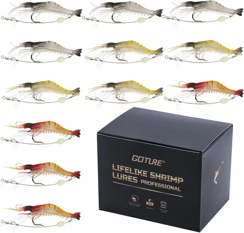 Vista 7 de Goture Soft Shrimp Lures Fishing Saltwater Luminous Shrimp Bait Set Fishing Lures with Sharp Hooks for Freshwater Saltwater Trout Bass Salmon