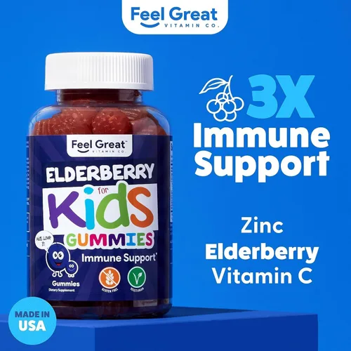 Vista 2 de Feel Great Kids - Gomitas de saúco con zinc y vitamina C Apoyo inmunológico Sambucus Saúco Multivitaminas veganas para niños con sabor a bayas