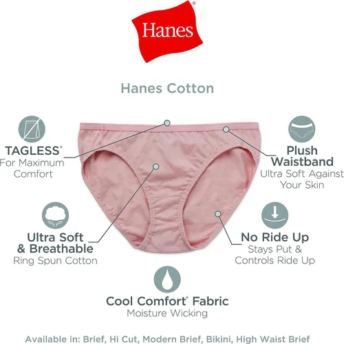 Vista 5 de Hanes - Paquete de ropa interior para mujer, ropa interior de algodón que absorbe la humedad, ultra suave y transpirable, paquete múltiple sin