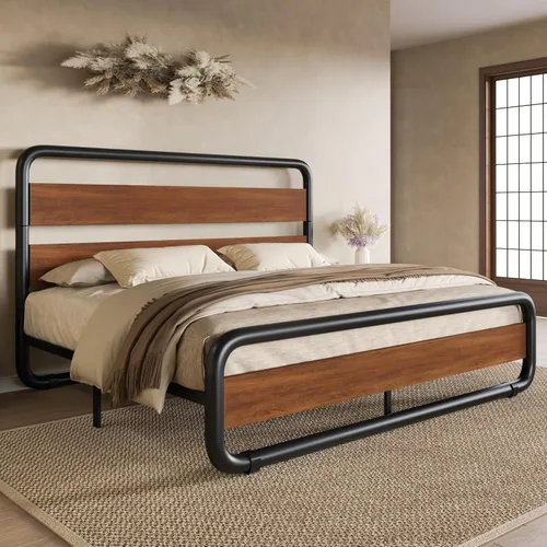 Vista 9 de SHA CERLIN Base de cama de metal de tamaño individual con cabecera y estribo de madera, base de cama de plataforma ovalada resistente