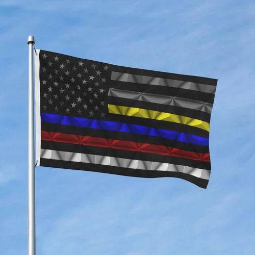 Vista 2 de Banderas de bandera de doble cara de Estados Unidos de línea fina roja-azul-amarillo de 3 x 5 pies, bandera de decoración al aire libre, bandera