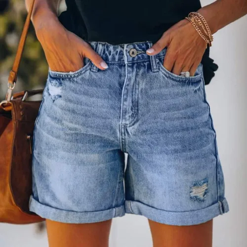 Vista 2 de Gecau Pantalones cortos de mezclilla casuales para mujer, pantalones cortos de mezclilla rotos a la moda, pantalones ajustados con bolsillo