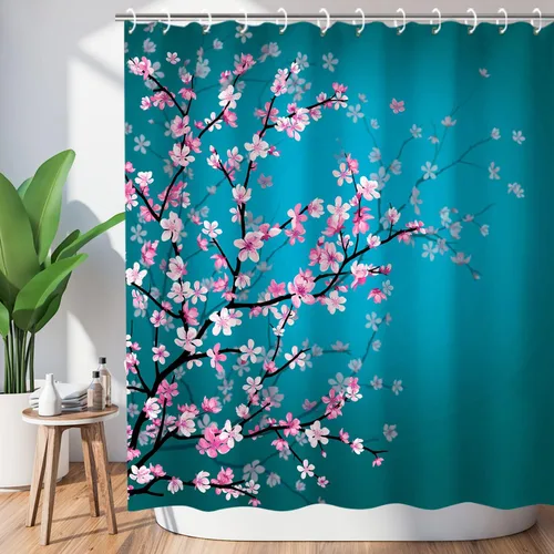 Vista 11 de LIVILAN Cortina de ducha con flores rosas y grises, cortinas de ducha florales de acuarela con ganchos, tela blanca y gris, decoración de baño