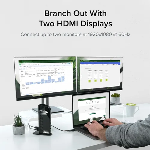 Vista 3 de Plugable Estación de acoplamiento universal para computadora portátil, monitor HDMI dual para Windows y Mac (requiere controlador), USB 3.0 o USB-C