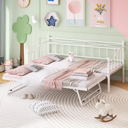 Vista 10 de Sofá cama doble de metal con nido desplegable ajustable, marco de acero resistente, soporte de listones de metal, sin necesidad de somier, cama