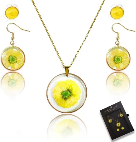 Vista 2 de Conjunto de regalo de joyería de plata esterlina con flor prensada hecha a mano para mujer 3 en 1 Daisy