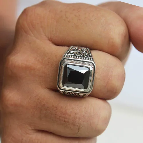 Vista 6 de Juego de anillos de plata de ley 925 maciza con piedra de ónix negro