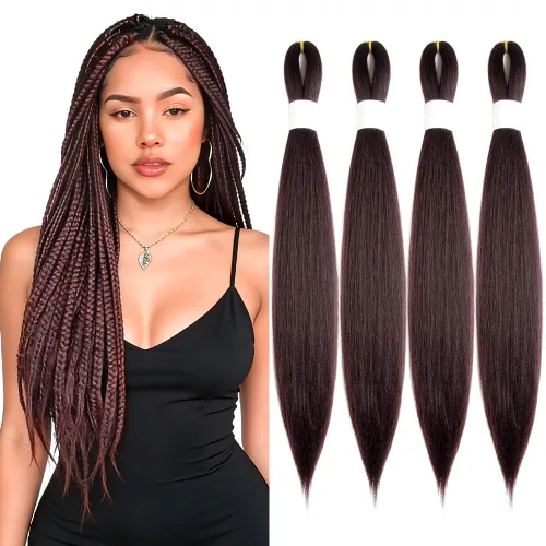 Vista 75 de Cabello trenzado burdeos, 10 pulgadas, 4 paquetes Cabello preestirado, trenzas de ganchillo cortas y rectas, textura Yaki, fibra sintética
