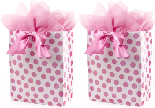 Vista 7 de Hallmark Bolsa de regalo extra grande de 15 pulgadas con papel de seda (lunares rosas y lazo) para cumpleaños, Pascua, baby showers, despedidas