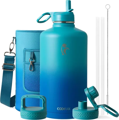 Vista 99 de Coolflask Botella de agua de 20 onzas aislada con pajilla, 3 tapas de metal de acero inoxidable, botella de agua de boca ancha para deportes u