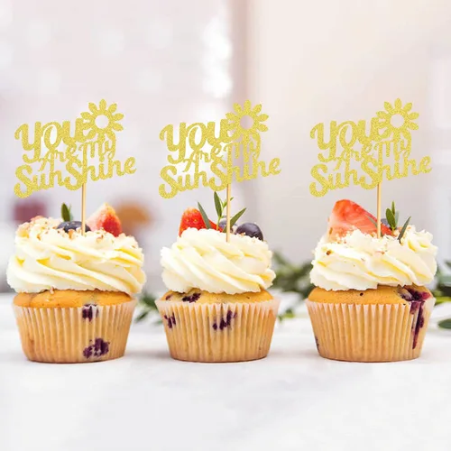 Vista 3 de 24 adornos dorados con purpurina para cupcakes con texto en inglés "You are My Sunshine", para baby shower, baby shower, revelación de género