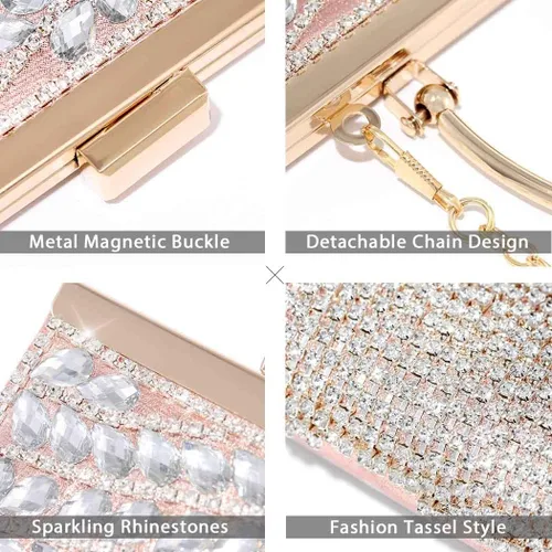 Vista 4 de Yokawe Bolso de mano con cristales brillantes para mujer bolso de noche con borla de diamantes de imitación para bodas fiestas bailes cócteles