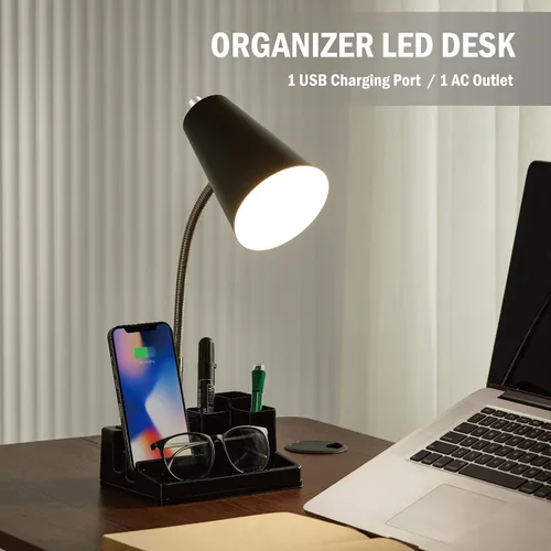 Vista 2 de HonoDing Lámpara de escritorio E26 con 1 puerto de carga USB y 1 toma de corriente AC, base organizadora, cuello ajustable, interruptor