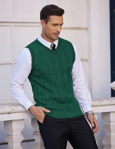 Vista 3 de COOFANDY Suéter para hombre, cuello en V, ajustado, casual, sin mangas, tejido trenzado
