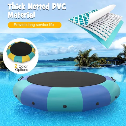 Vista 6 de Giantex Trampolín acuático inflable de 10 pies, 12 pies y 15 pies, trampolín flotante con soplador de 500 W y escalera de cuerda de 3 escalones
