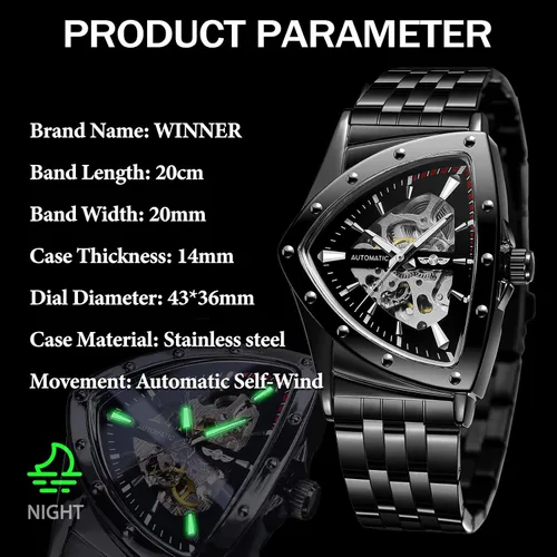 Vista 7 de FORSINING Triangle Skeleton Reloj mecánico automático para hombre, de lujo, dorado, negro, acero inoxidable, impermeable, luminoso, reloj de pulsera