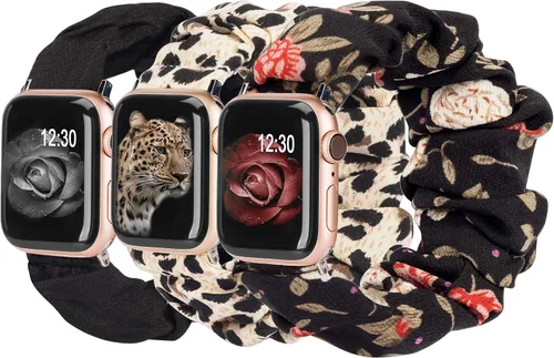 Vista 32 de TOYOUTHS - 3 paquetes compatibles con Apple Watch Band Scrunchies 1.496 in (38 mm) tela suave patrón impreso pulsera de tela para mujer iWatch