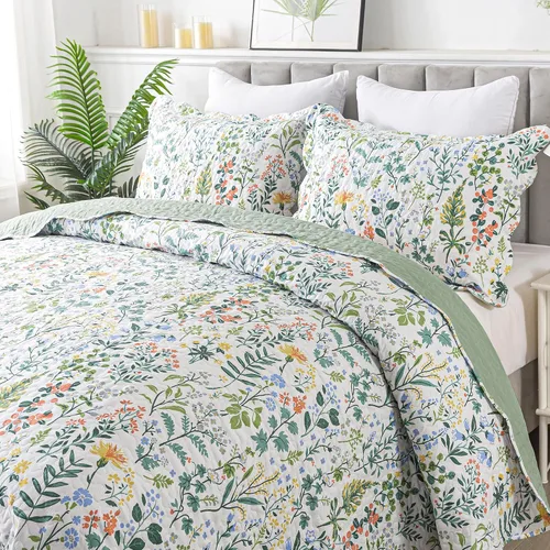 Vista 24 de HoneiLife - Juego de edredón de 3 piezas, colcha ligera de microfibra, diseño de flores silvestres, cubrecamas ligero y botánico, para todas