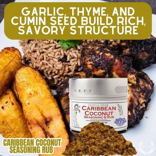 Vista 2 de Condimento y frote de coco caribeño, auténtica mezcla de especias gourmet artesanales, sin OMG, 2 onzas, lote pequeño, lata magnética, Gustus Vitae