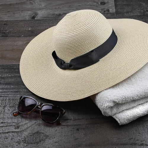Vista 3 de Sombrero de sol flexible para mujer con ala ancha, plegable, de paja enrollable, con protección UPF 50