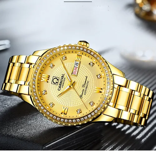 Vista 4 de CARNIVAL Mens Dial Automatic Full Gold Stainless Steel Sapphire Glass Waterproof Men Black Watch
