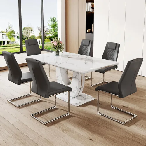 Vista 26 de Moderno juego de mesa de comedor de mármol sintético para 4, mesa de cocina rectangular blanca de 63 pulgadas con elegante base de pedestal