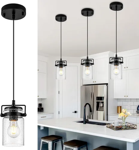 Vista 11 de foucasal Mini luces colgantes de granja de 4.7 pulgadas para isla de cocina 1 vidrio sembrado negro claro
