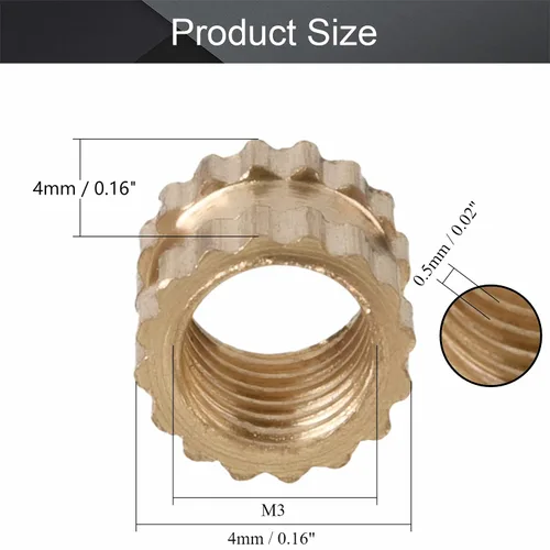 Vista 2 de MroMax Tuercas de inserción moleteadas M3, M3x4x4mm, inserto roscado de latón moleteado de rosca hembra, piezas de incrustación moldeo por inyección
