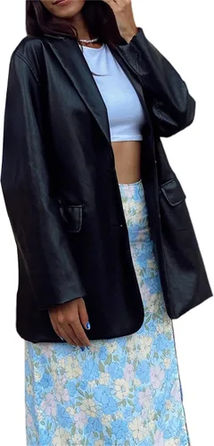 Vista 4 de Chaqueta de cuero para mujer, chaqueta de gran tamaño, con solapa frontal, de piel sintética, chaqueta de otoño e invierno