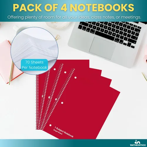 Vista 6 de 1InTheOffice Cuaderno de espiral de papel cuadriculado de 8.5 x 11, cuaderno a rayas gráficas de 5 cuadrados por pulgada, rojo, 70 hojas, 8 x 10.5