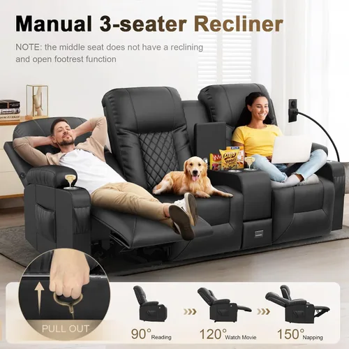 Vista 4 de YONISEE - Juego de sofá reclinable moderno - Sofá de 3 asientos y 1 silla reclinable giratoria con calor y masaje para sala de estar (3+1)