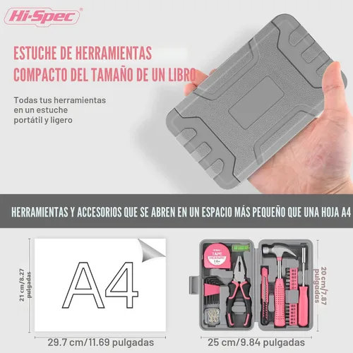 Vista 3 de Juego de herramientas Hi-Spec de 25 piezas, rosa, para el hogar, kit de bricolaje para mujeres. Juego de herramientas pequeñas y mini, básicas