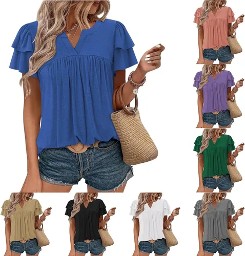 Vista 16 de Blusas para mujer, elegantes, casuales, de verano, de manga corta, plisadas, holgadas, suaves, cómodas, de moda a01 blanco