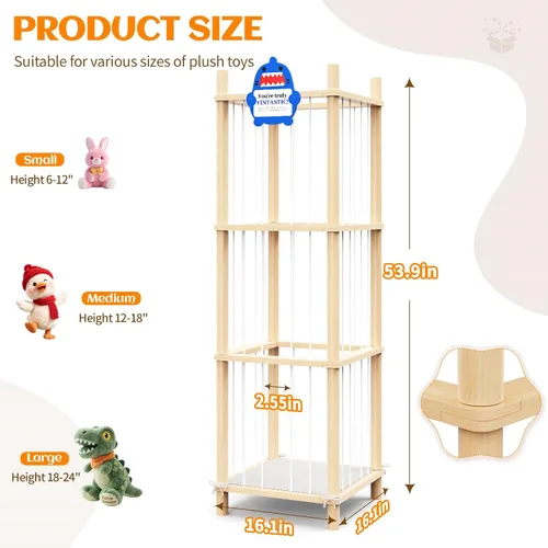 Vista 2 de Organizador grande de almacenamiento de animales de peluche y juguetes, 3 capas de 54 pulgadas de madera, lindo soporte de juguetes de zoológico