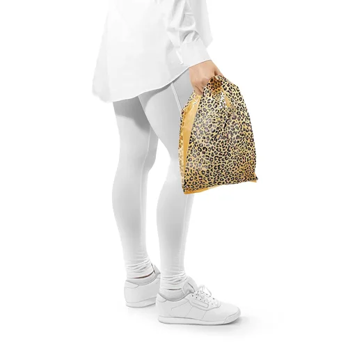 Vista 6 de Outus 50 bolsas de plástico con estampado de leopardo, estampado de guepardo, bolsas de regalo con doble impresión de leopardo, bolsa con asa