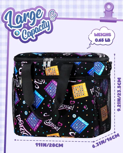 Vista 4 de Bolsa de bingo para Daubers Dabbers Dotters Bolsa de mano con bolsillos para suministros de bingo (negro)
