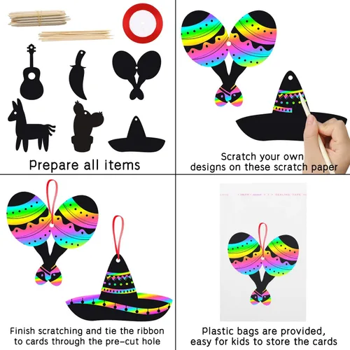 Vista 3 de WATINC Juego de 60 tarjetas de rascar de fiesta mexicana para niños y adultos, decoraciones de fiesta del Cinco de Mayo, kit de manualidades mágicas