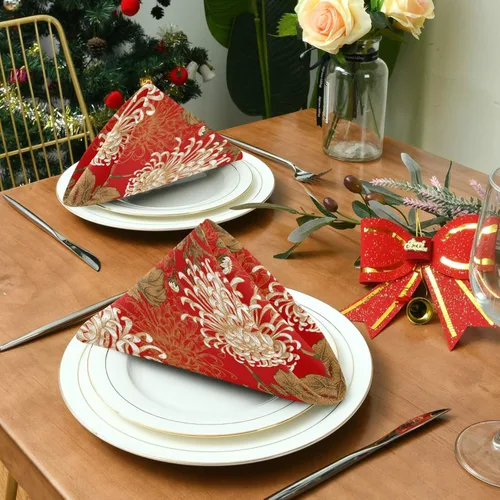 Vista 3 de ALAZA Juego de 6 servilletas de tela de crisantemo blancas sobre rojo, servilletas de mesa reutilizables, tela de poliéster lavable para cóctel