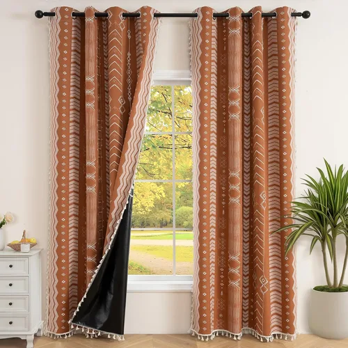 Vista 12 de Cortinas Boho ColorBird Beige Crema opacas, 2 paneles de 63 pulgadas de largo, tratamiento para ventanas con aislamiento térmico, estampado