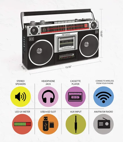 Vista 2 de Riptunes Boombox Radio Reproductor Grabador de Casetes, Radio AM/FM -SW1/SW2, Transmisión Inalámbrica, Ranuras USB/Micro SD, Entrada Aux, Conector